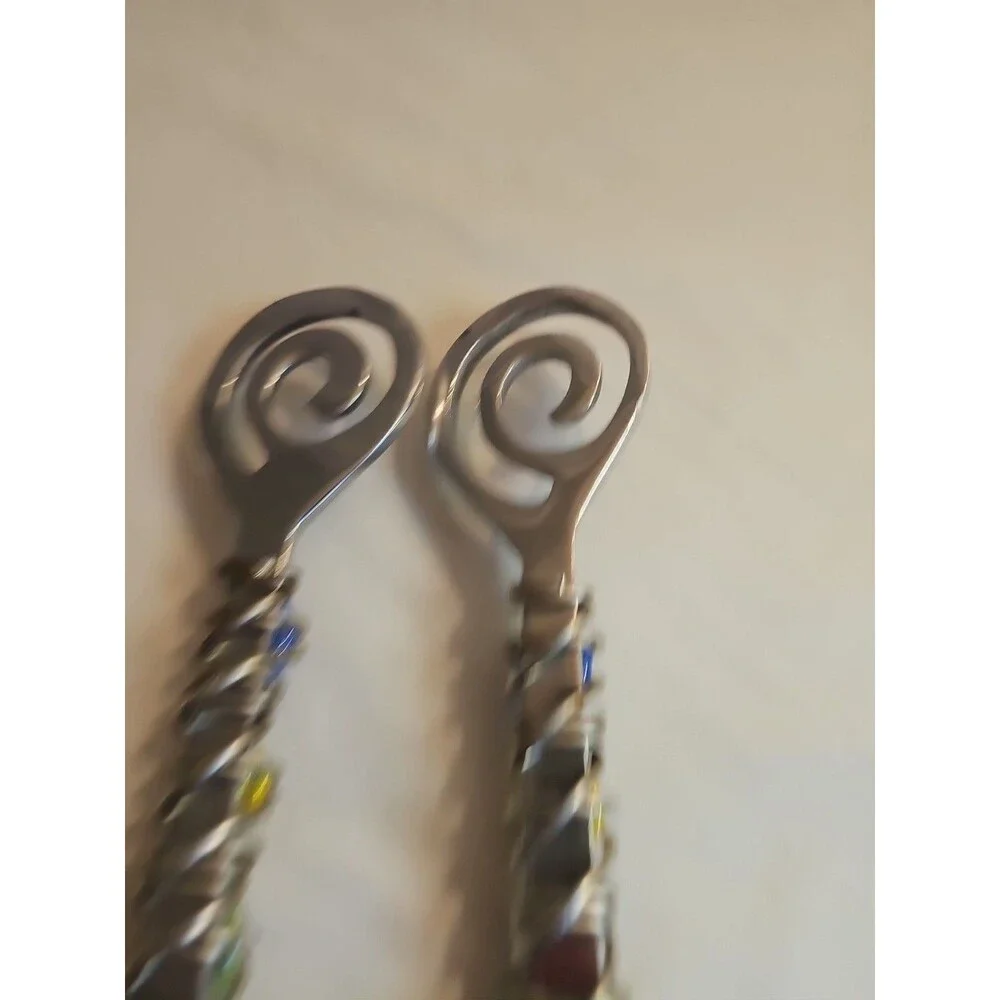 Dary Rees Salad Servers Vintage 1990s Pewter & Colorful Stones